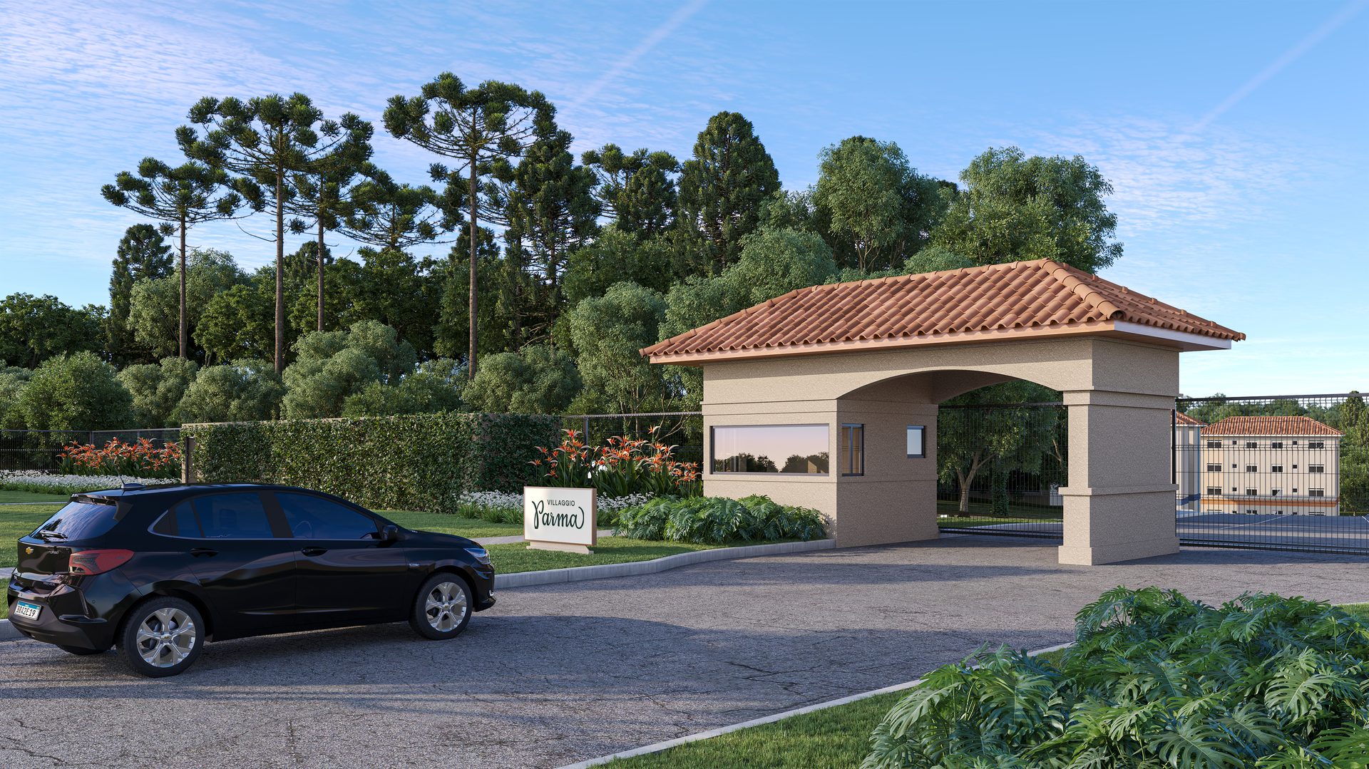 Render externo do Villaggio Parma — portaria principal